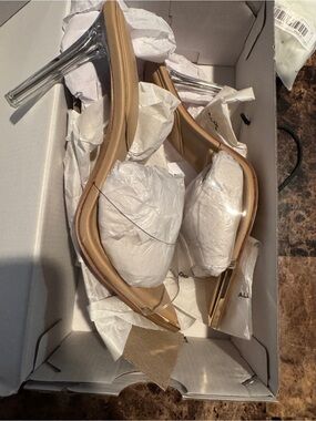 Aldo Clear Lucite Heel Slide Sandals with Beige Straps
